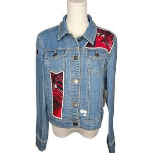 Vintage Upcycled Canyon River Blues‎ Lace Butterfly Tie Patches Jean Jacket XL